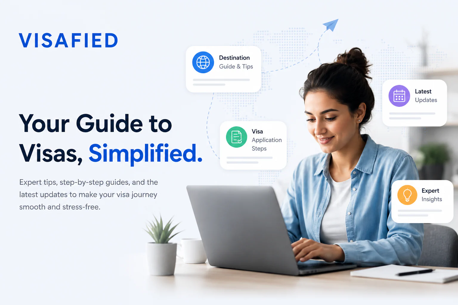VISAFIED visa application guide with traveller using a laptop